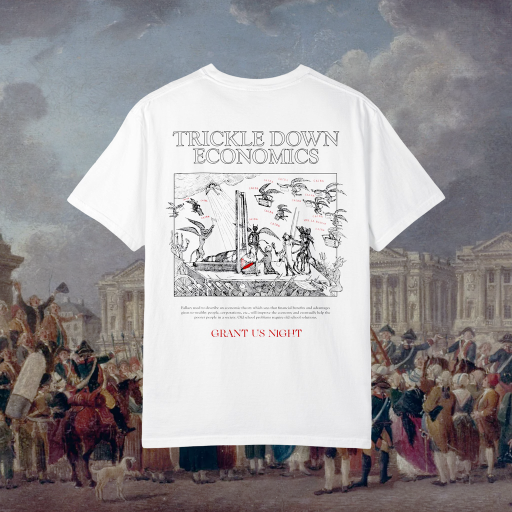 White t-shirt with 'Trickle Down Economics' graphic and text on a classical painting background