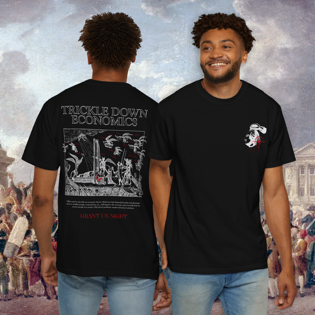 Person wearing a black t-shirt with graphic design on the back, standing in front of a historical scene.