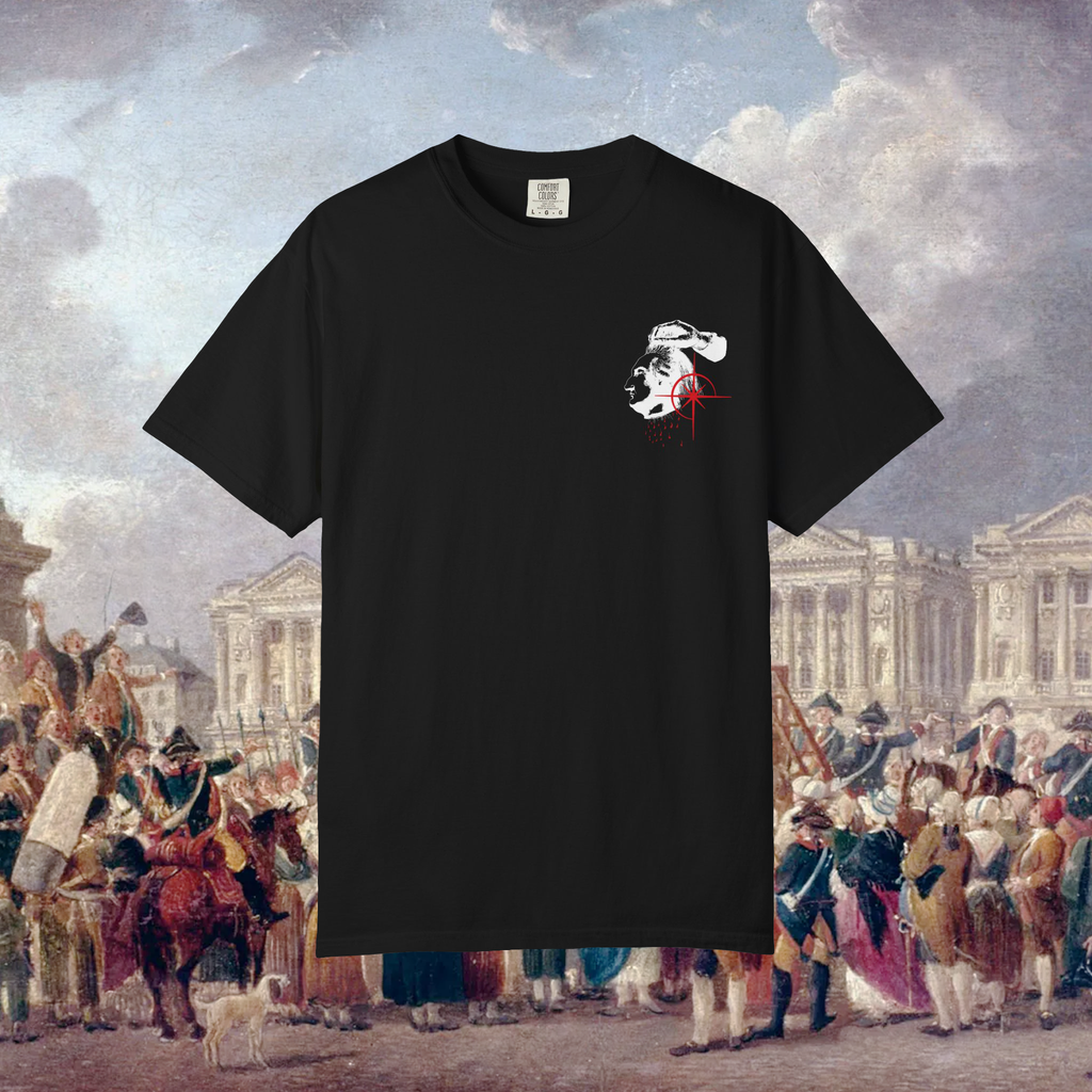 Black t-shirt with a graphic design on a historical painting background