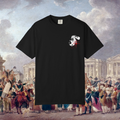 Black t-shirt with a graphic design on a historical painting background