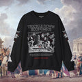 Grant Us Night Trickle Down black sweatshirt with 'Trickle Down Economics' graphic design etching on a historical guillotine painting background