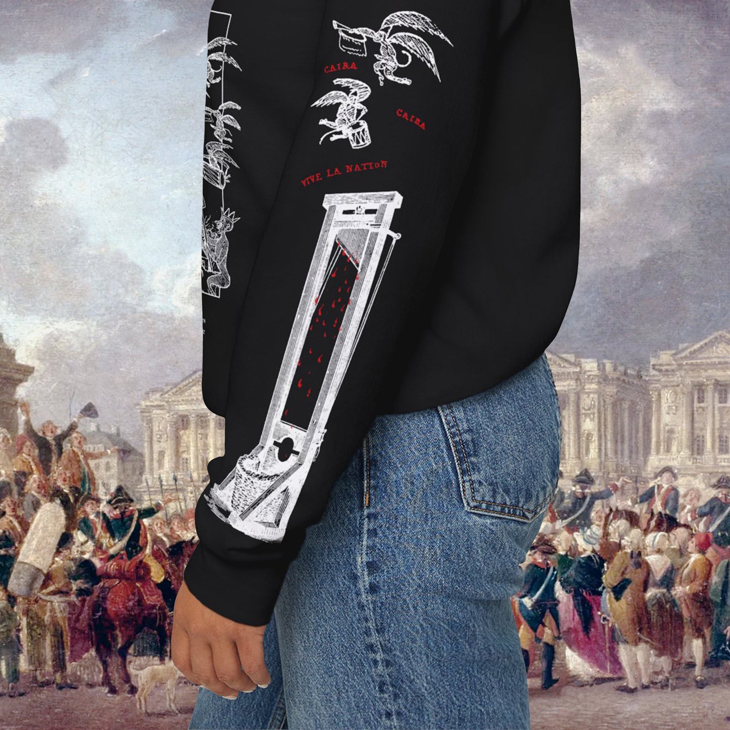 Grant Us Night Trickle Down black sweatshirt sleeve with red text and graphic design of demons and guillotine on a white background