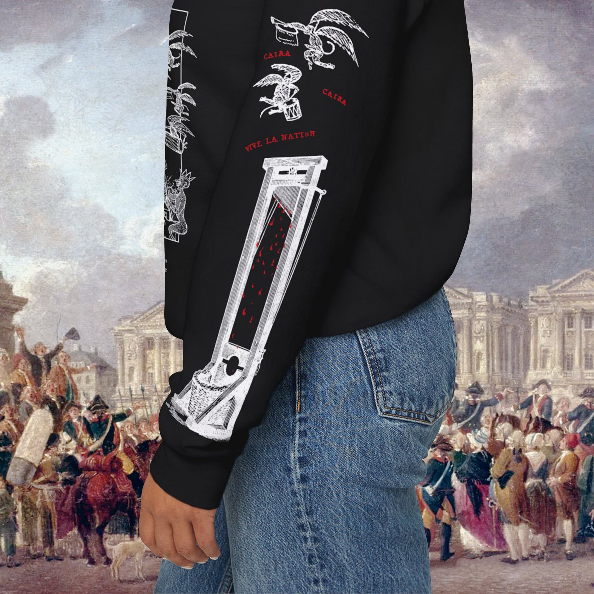 Grant Us Night Trickle Down black sweatshirt sleeve with red text and graphic design of demons and guillotine on a white background