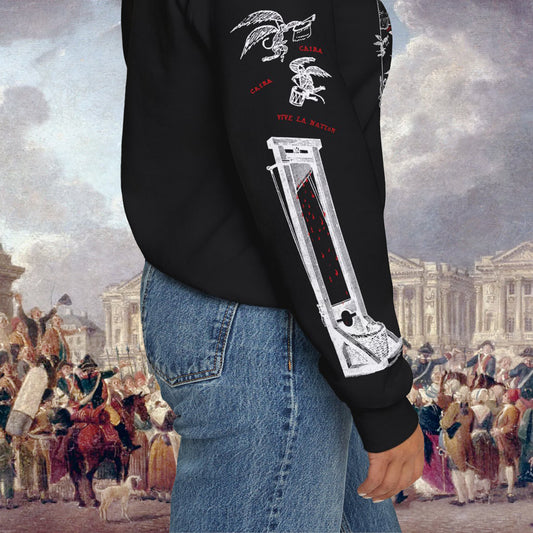 Grant Us Night Trickle Down black sweatshirt sleeve with red text and graphic design of demons and guillotine on a white background