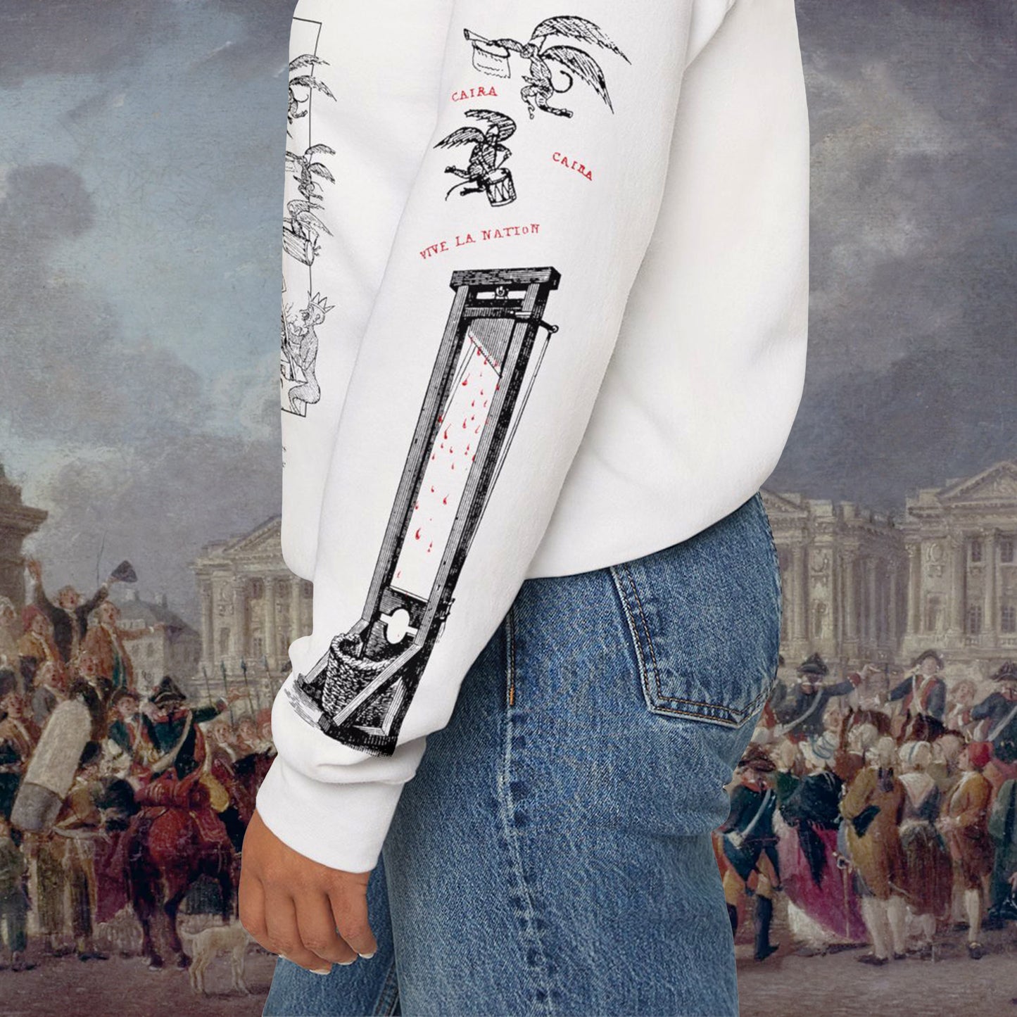 Grant Us Night Trickle Down white sweatshirt sleeve with red text and graphic design of demons and guillotine on a white background