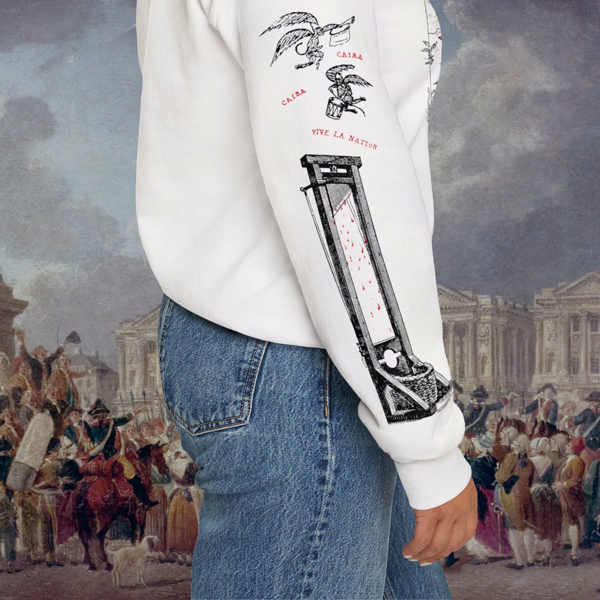 Grant Us Night Trickle Down white sweatshirt sleeve with red text and graphic design of demons and guillotine on a white background