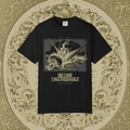 Grant Us Night black t-shirt with gold and gray graphic design of a knight riding a hippogriff and text that says "Become Ungovernable" on a decorative gold background