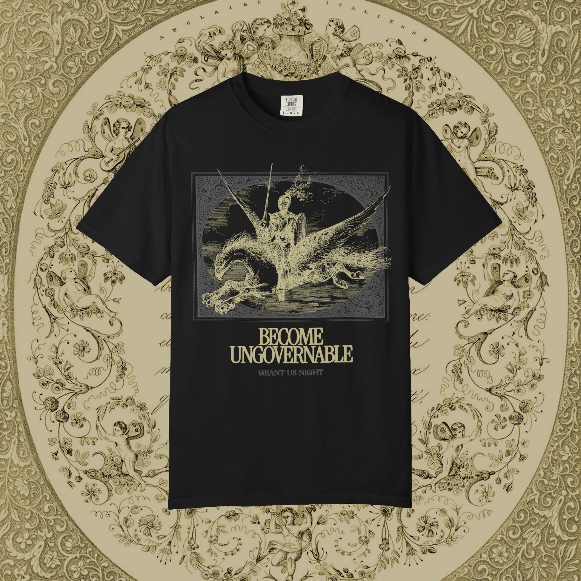 Grant Us Night black t-shirt with gold and gray graphic design of a knight riding a hippogriff and text that says "Become Ungovernable" on a decorative gold background