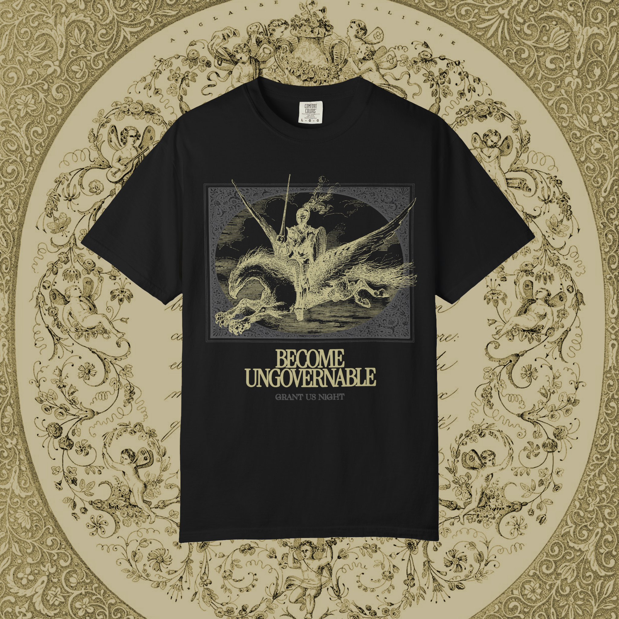 Grant Us Night black t-shirt with gold and gray graphic design of a knight riding a hippogriff and text that says "Become Ungovernable" on a decorative gold background