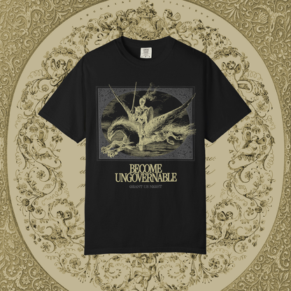 Grant Us Night black t-shirt with gold and gray graphic design of a knight riding a hippogriff and text that says "Become Ungovernable" on a decorative gold background