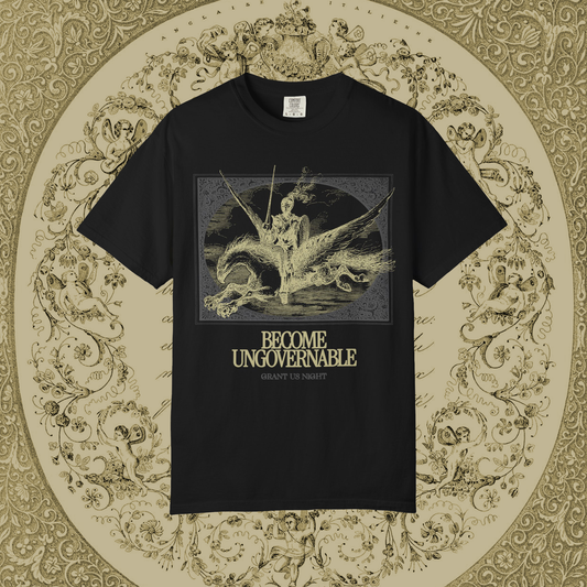 Grant Us Night black t-shirt with gold and gray graphic design of a knight riding a hippogriff and text that says "Become Ungovernable" on a decorative gold background