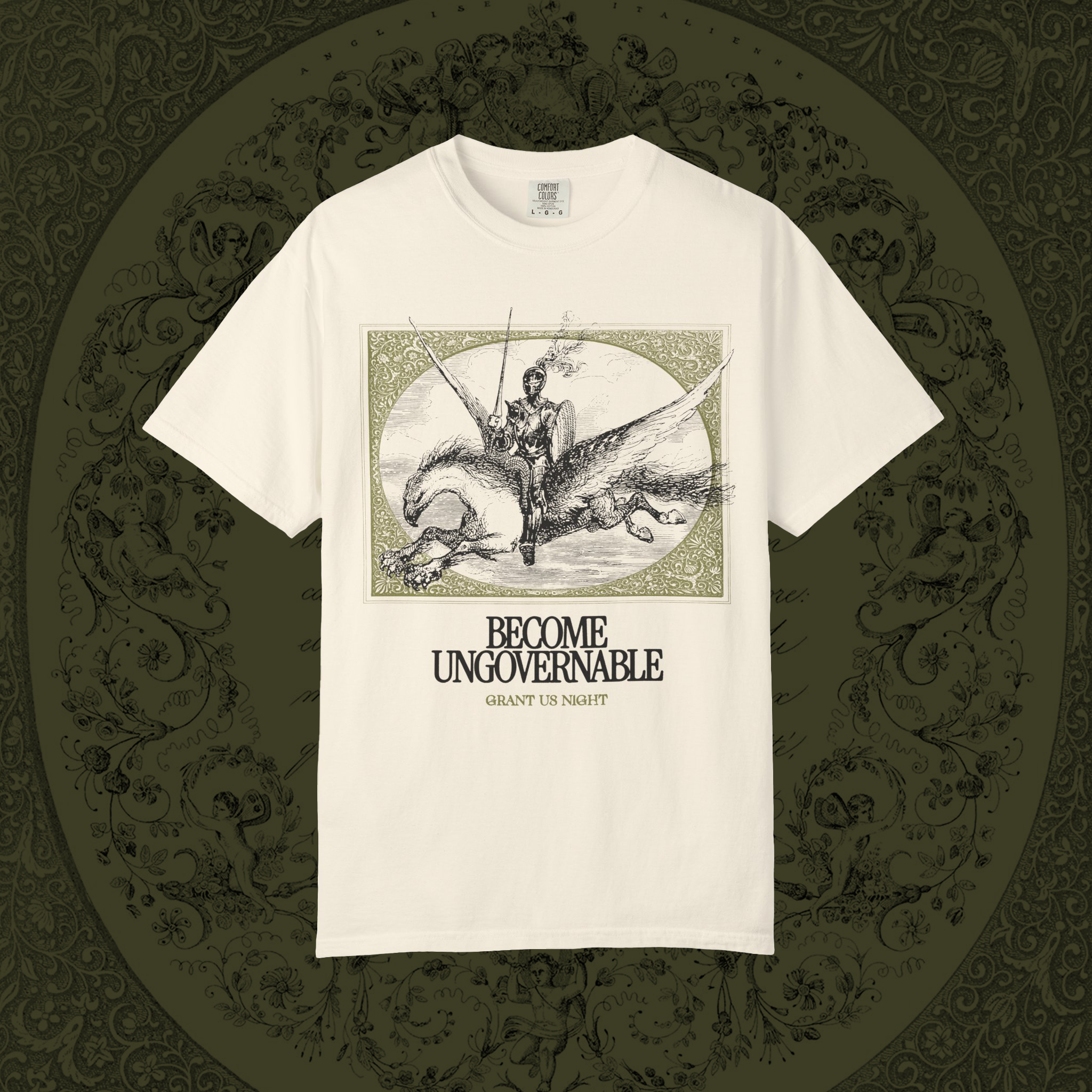 Grant Us Night ivory t-shirt with black graphic design of a knight riding a hippogriff and text that says "Become Ungovernable" on a decorative brown background
