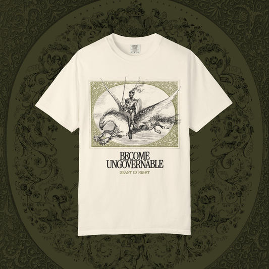 Grant Us Night ivory t-shirt with black graphic design of a knight riding a hippogriff and text that says "Become Ungovernable" on a decorative brown background