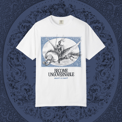 Grant Us Night white t-shirt with black and blue graphic design of a knight riding a hippogriff and text that says "Become Ungovernable" on a decorative blue background