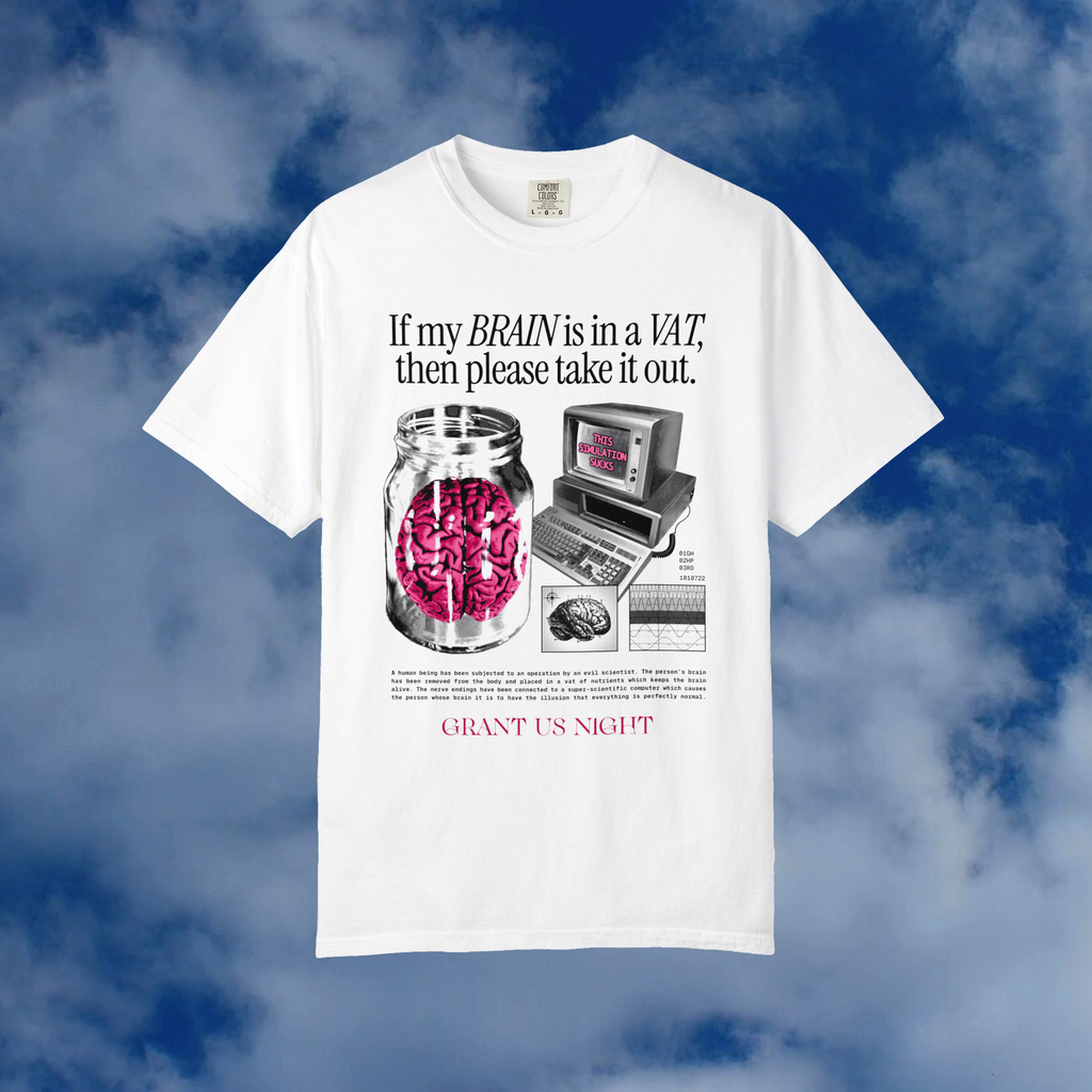 Grant Us Night Vat Brain white t-shirt with a graphic design of a brain in a jar and an old computer and chart and diagram and text on a blue cloudy background