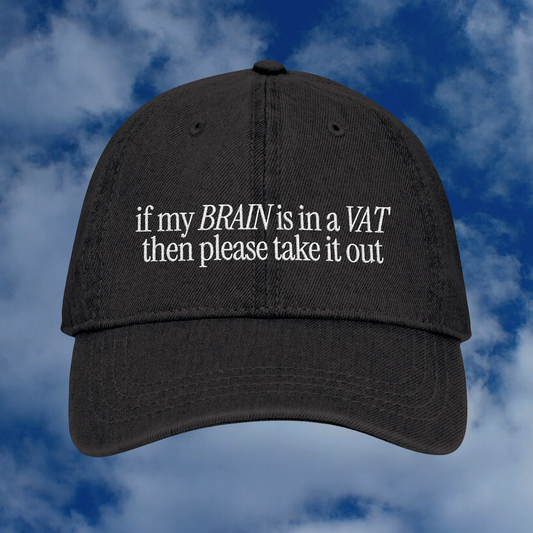 Grant Us Night Simulation black denim cap with 'if my brain is in a vat then please take it out' white text embroidered against a blue sky background