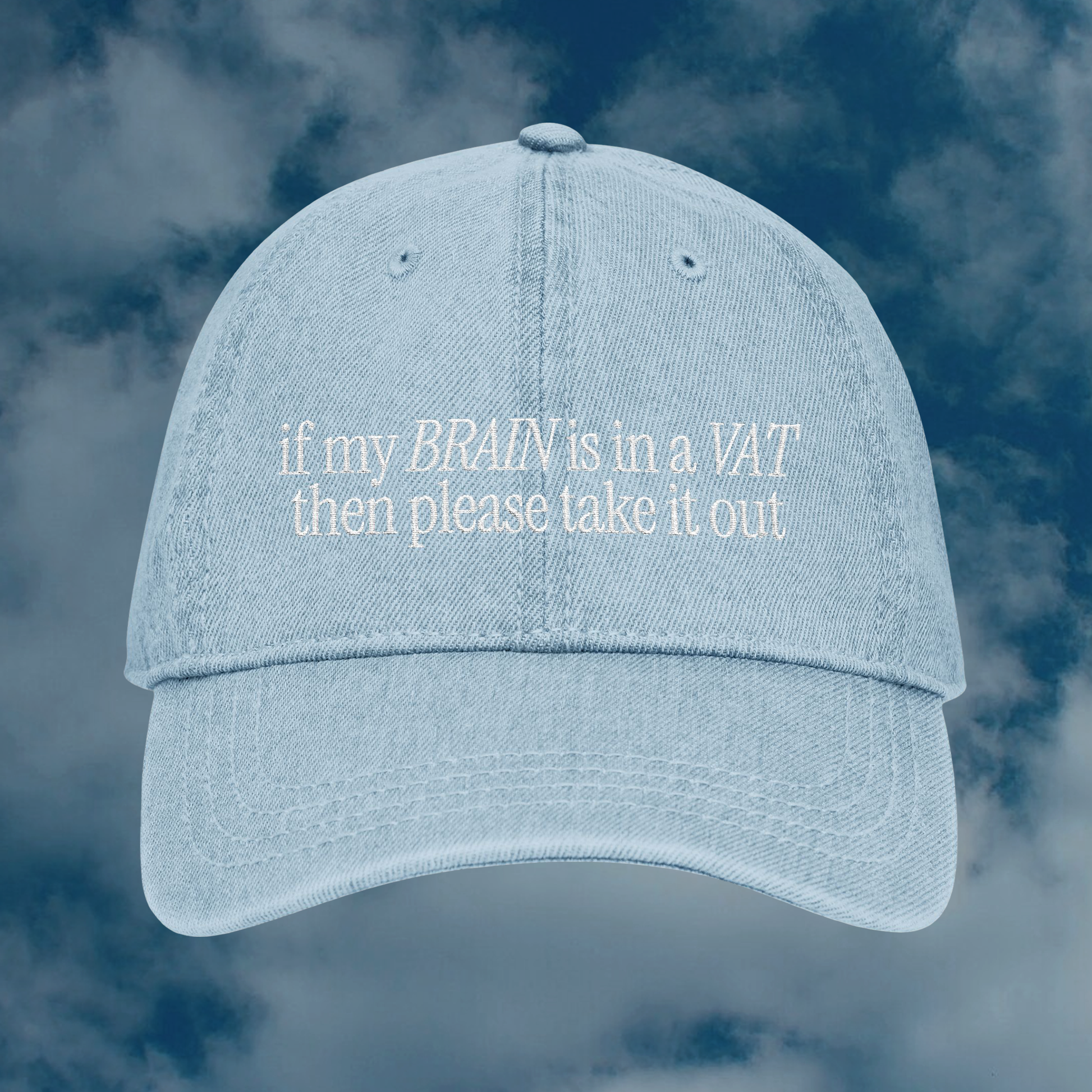 Grant Us Night Simulation light blue denim cap with 'if my brain is in a vat then please take it out' white text embroidered against a blue sky background